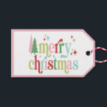 Retro Pastel Christmas | Frohe Weihnachten Geschenkanhänger<br><div class="desc">Dieses spielerische Tag zeigt das Sprichwort "Frohe Weihnachten" mit abwechselnden Farben und koordinierenden Streifen rund um den Rand. Die Farben sind rosa,  rot,  grün und hellblau.</div>