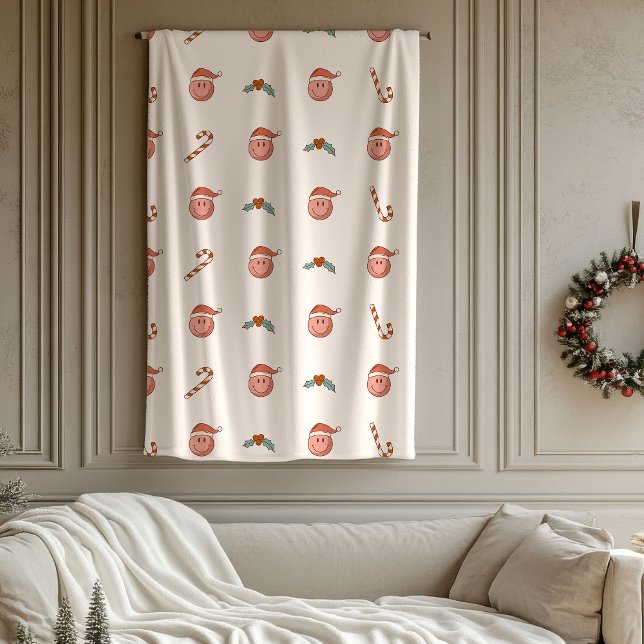 Retro Pastel Christmas Smile Emoticons Groovy 70th Fleecedecke (Retro Pastel Christmas Smile Emoticons Groovy 70th Fleece Blanket)