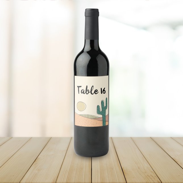 Retro Pastel Desert Cactus Wedding Tischnummer Weinetikett (Von Creator hochgeladen)