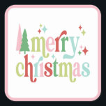 Retro Pastel Merry Christmas Quadratischer Aufkleber<br><div class="desc">Dieser spielerische Aufkleber enthält das Sprichwort "fröhliche Weihnachten" mit abwechselnden Farben und funkelnden Akzenten. Die Farben sind rosa,  rot,  grün und hellblau.</div>