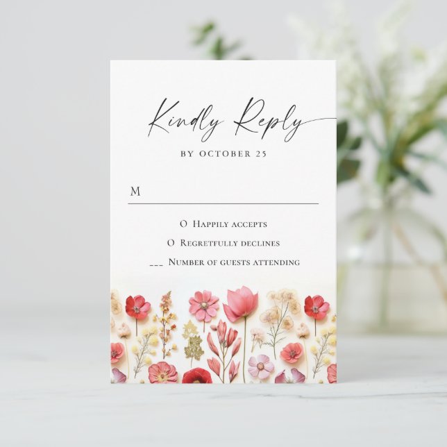 Retro Pastel Pink Boho Wild Blume Hochzeit RSVP Karte (Stehend Vorderseite)