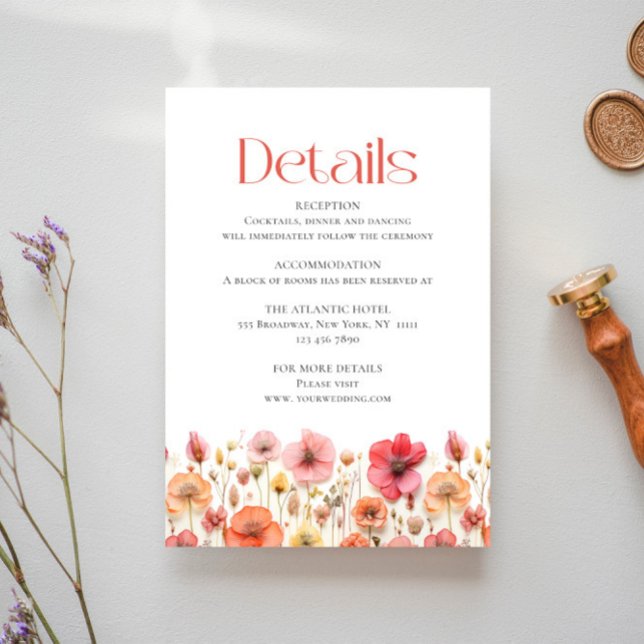 Retro Pastel Pink Boho Wildblume Hochzeit Details Begleitkarte (Von Creator hochgeladen)