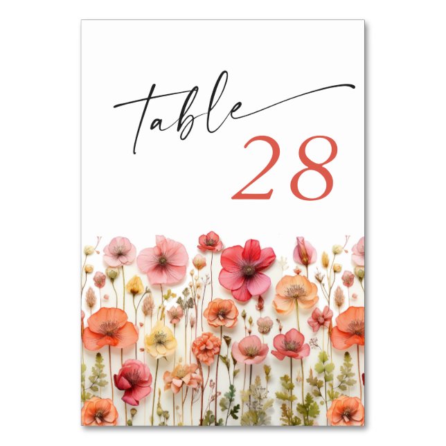 Retro Pastel Pink Boho Wildblume Hochzeit Details Tischnummer (Vorderseite)