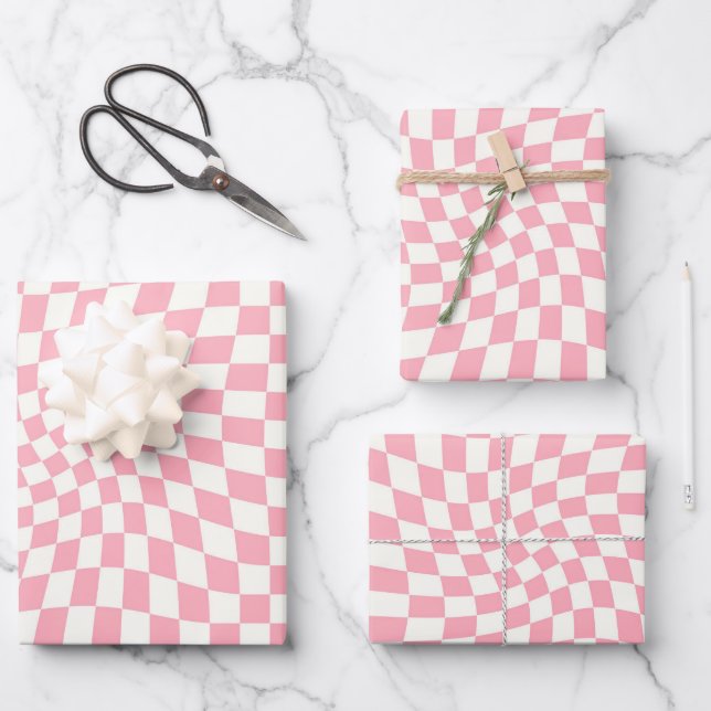 Retro Pastel Pink Karo gezogene karierte Dorm Geschenkpapier Set (Vorderseite)
