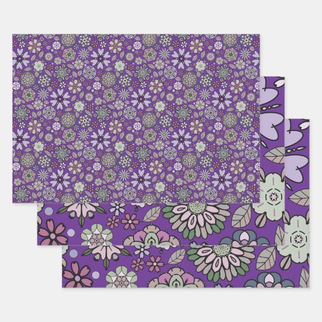 Retro Pastel Pink Lila floral Nahtloses Muster Geschenkpapier Set (Set)