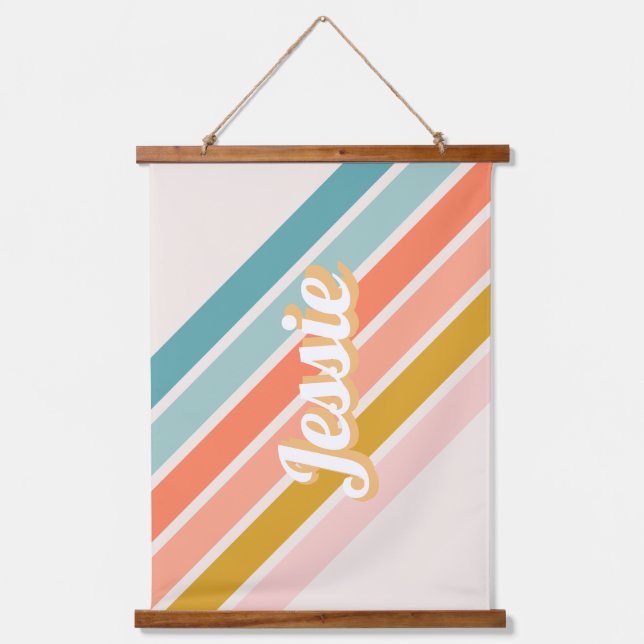 Retro Pastel Rainbow Personalisiert Name Wandteppich Mit Holzrahmen (Vorderseite)
