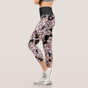 Retro Pastel Rosa Schwarzes Mosaikmuster Capri Leggings