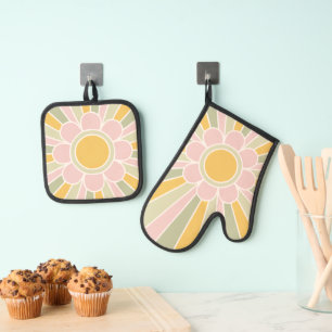 Retro Pastel Sonnenschein Personalisierte Küche Ofenhandschuh & Topflappen-Set