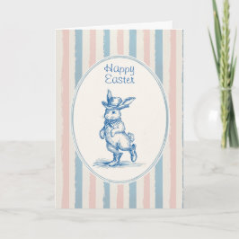 Retro Pastel Striped Vintage Blue Bunny Easter Karte