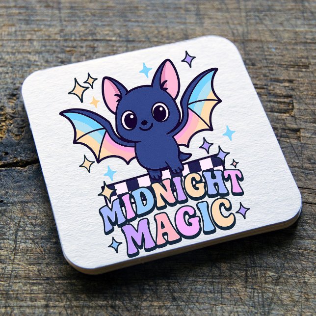 Retro Pastelcore Niedliches Halloween-Bat & Checke Rechteckiger Pappuntersetzer (The midnight magic kawaii bat design shines with retro pastel charm.)