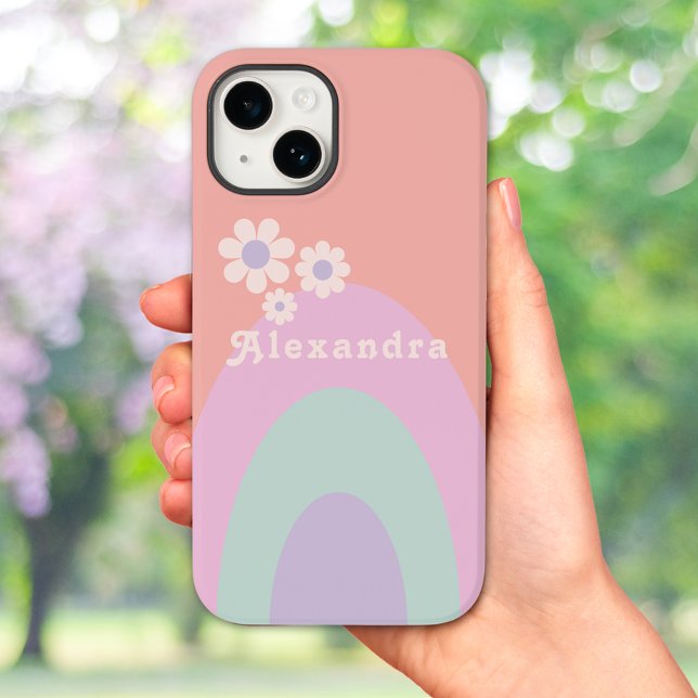 Retro Pastell Rainbow Streifen Floral Name Case-Mate iPhone Hülle (Retro 70s vintage pastel arch and daisy custom iPhone case with groovy typography pink peach purple)