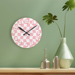 Retro Pastell Rosa Weiß Welliges Schachbrettmuster Runde Wanduhr