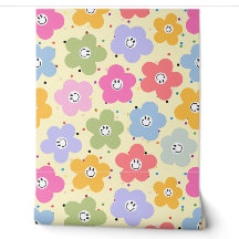 Retro-Pastell-Smiley-Blumenmuster-Akzent-Wallpaper