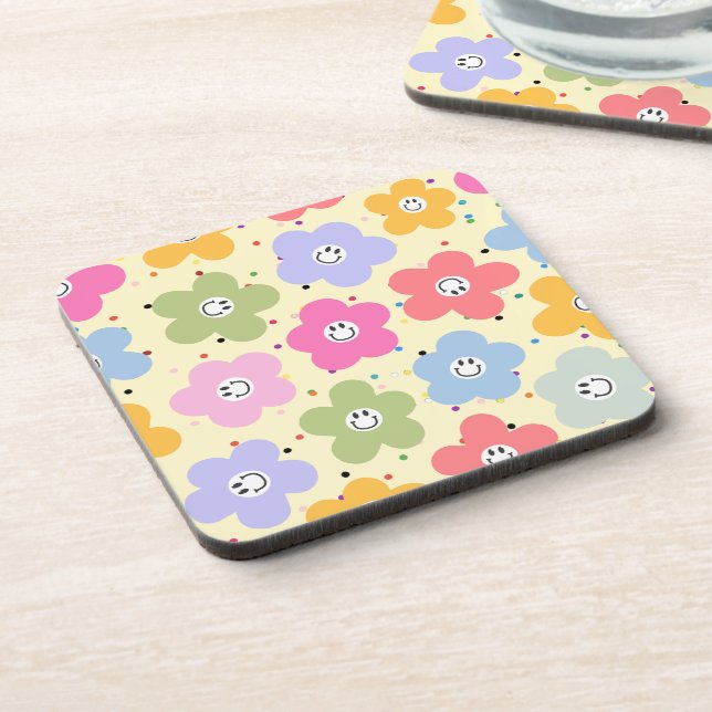 Retro-Pastell-Smiley-Blumenmuster-Getränkeunterset Getränkeuntersetzer (Linke Seite)