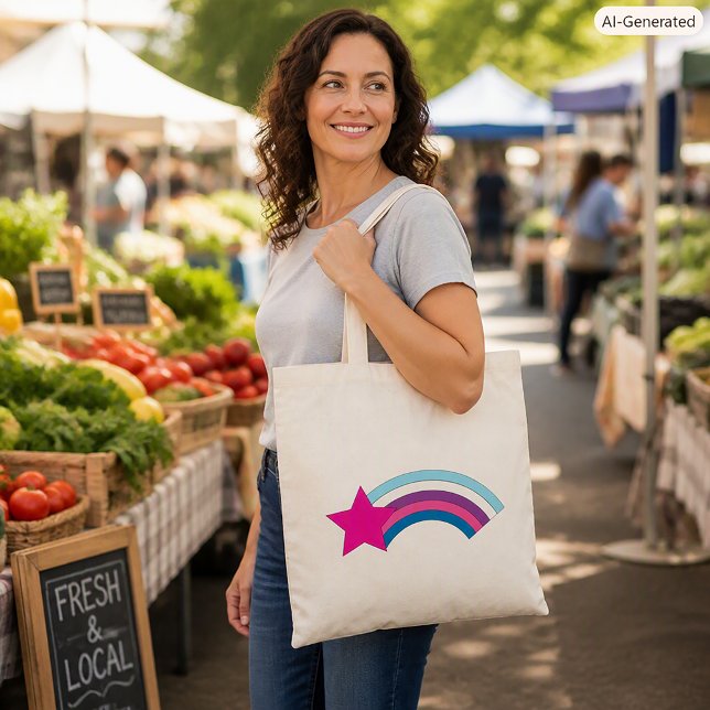 Retro-Pastell-Stern und Regenbogenbogen Tragetasche (A tote bag with a pink star and a pink, blue and purple rainbow)