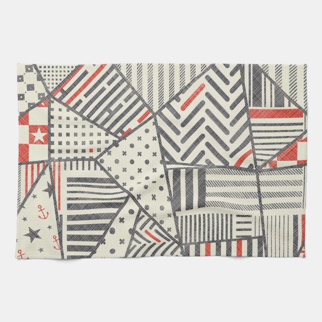 Retro-Patchwork: Abstraktes geometrisches Design Geschirrtuch (Horizontal)