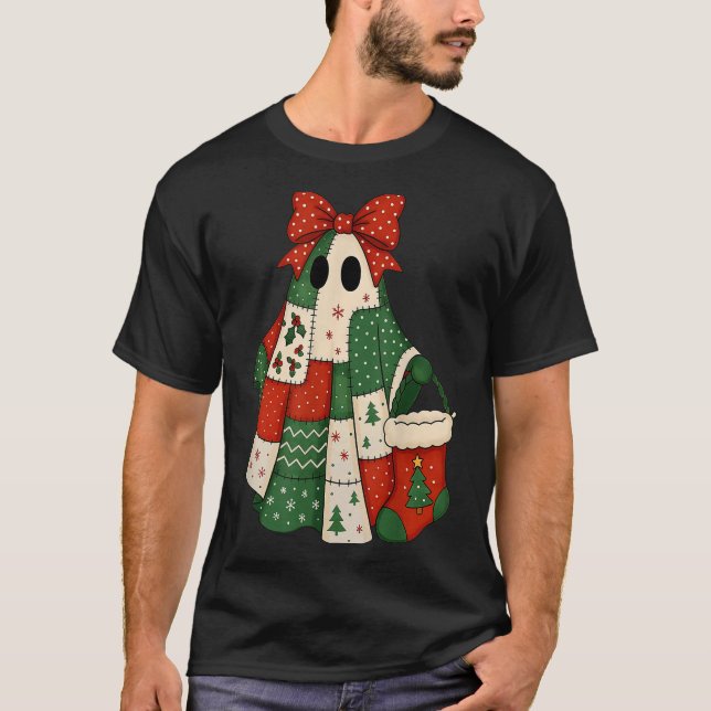 Retro Patchwork Christmas Ghost Coquette Bow X-mas T-Shirt (Vorderseite)
