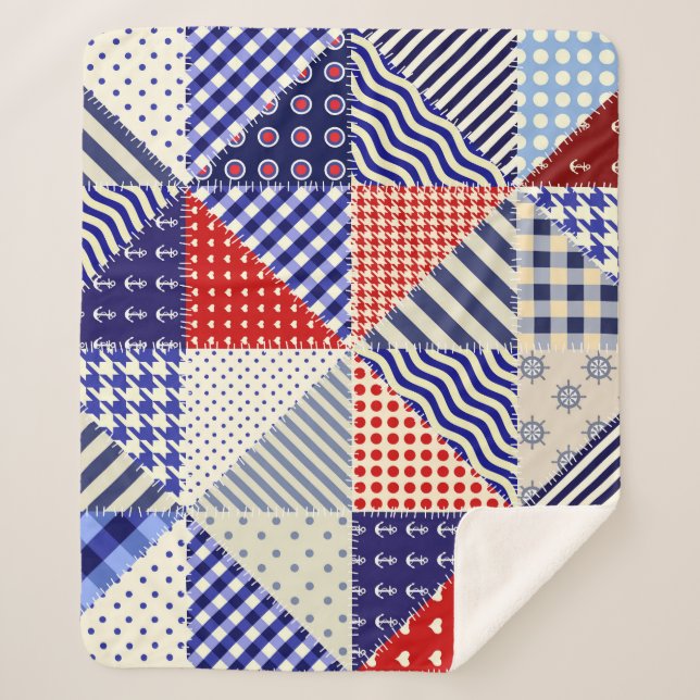 Retro Patchwork Dreiecke Nautic Style Sherpadecke (Vorderseite)
