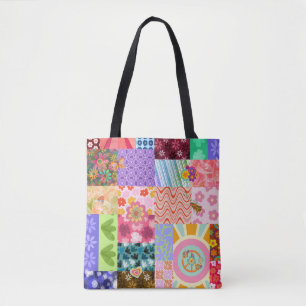 Retro Patchwork Groovy Boho Tote Bag