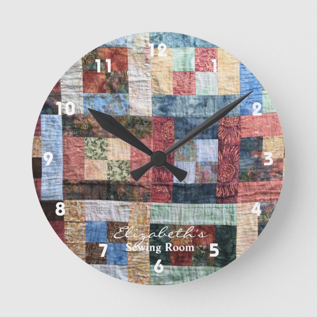 Retro-Patchwork-Quilt-Uhr Runde Wanduhr (Vorderseite)