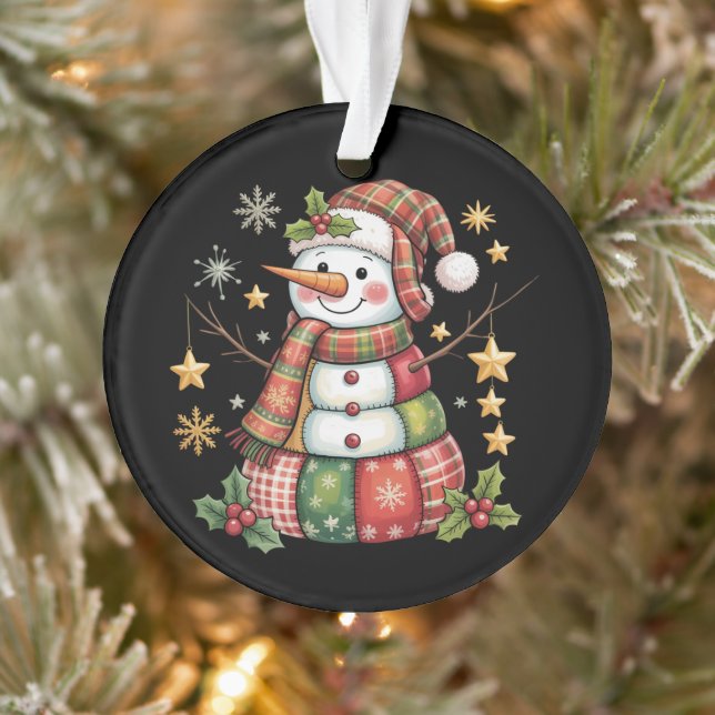 Retro Patchwork Snowman Merry Christmas Coquette Ornament (Baum)