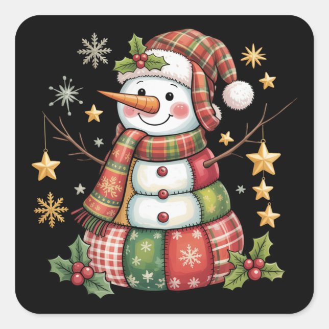 Retro Patchwork Snowman Merry Christmas Coquette Quadratischer Aufkleber (Vorderseite)