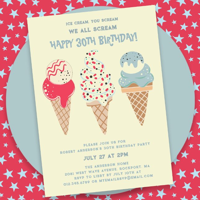 Retro Patriotic Ice Cream Cone 30. Geburtstag Einladung (Von Creator hochgeladen)