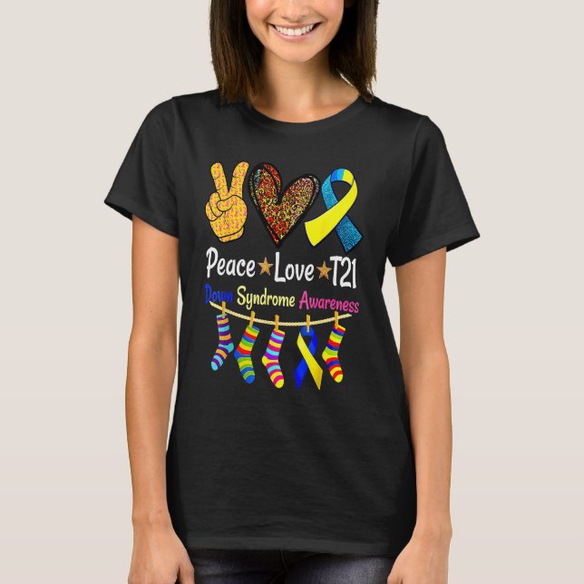 Retro Peace Love Cure Blue World Down Syndrome Awa T-Shirt (Vorderseite)