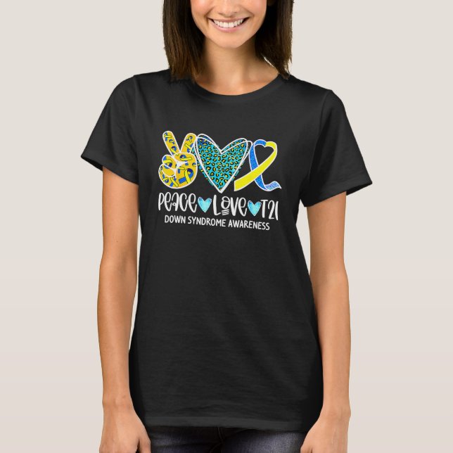Retro Peace Love Cure Blue & Yellow Ribbon Down Sy T-Shirt (Vorderseite)