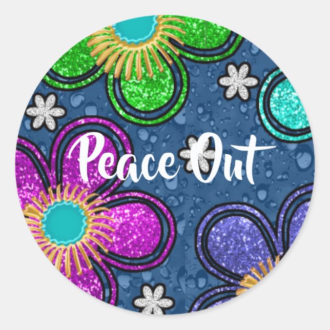 Retro Peace Out Hippie Style Blume Power Muster Runder Aufkleber (Vorderseite)