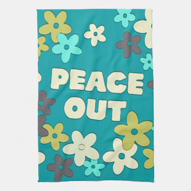 Retro Peace Out Quote Hippie-Blume Geschirrtuch (Vertikal)