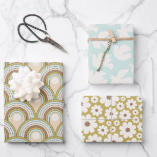 Retro Peace Rainbow Dove Neutral Fun Floral Geschenkpapier Set