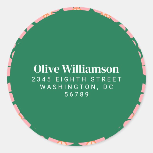 Retro Peace Sign Blume Green Pink Rücksendeadresse Runder Aufkleber (Vorderseite)