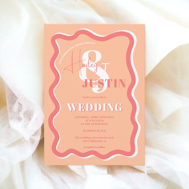 Retro peach curve squiggle wavy wedding photo einladung (Retro peach curve squiggle wavy wedding photo invitation)