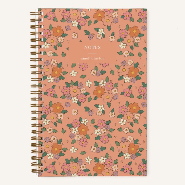 Retro Peach Floral Notes Personalized Name Notizbuch (Vorderseite)