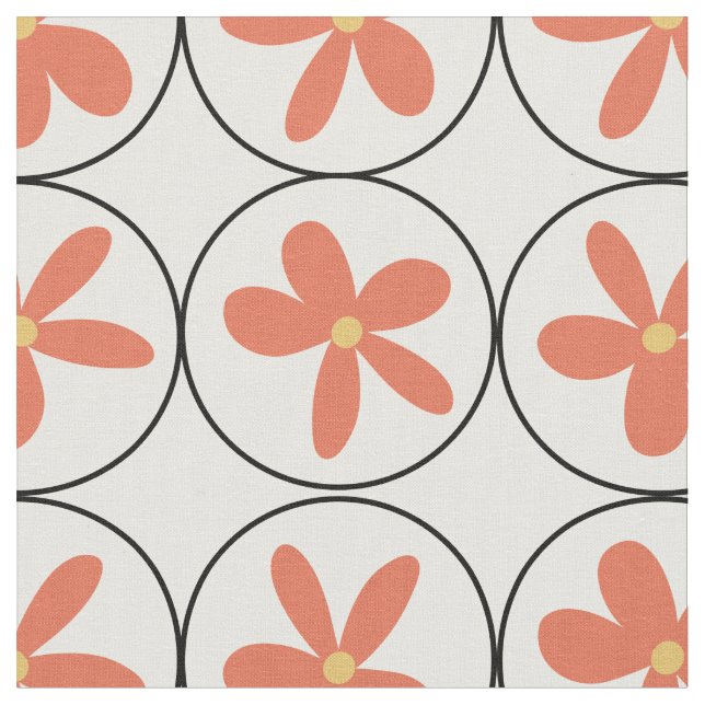 Retro Peach Floral Tile - Combed Cotton Fabric Stoff (Nahaufnahme)