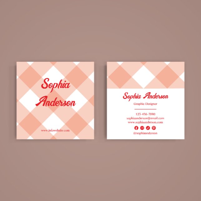 Retro Peach Gingham Pattern Quadratische Visitenkarte (Von Creator hochgeladen)