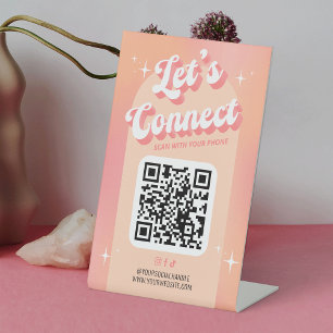 Retro Peach Let's Connect Social Media QR Code Sockelschild