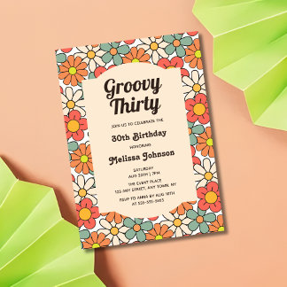 Retro Peach Orange Floral Groovy 30. Geburtstag Einladung