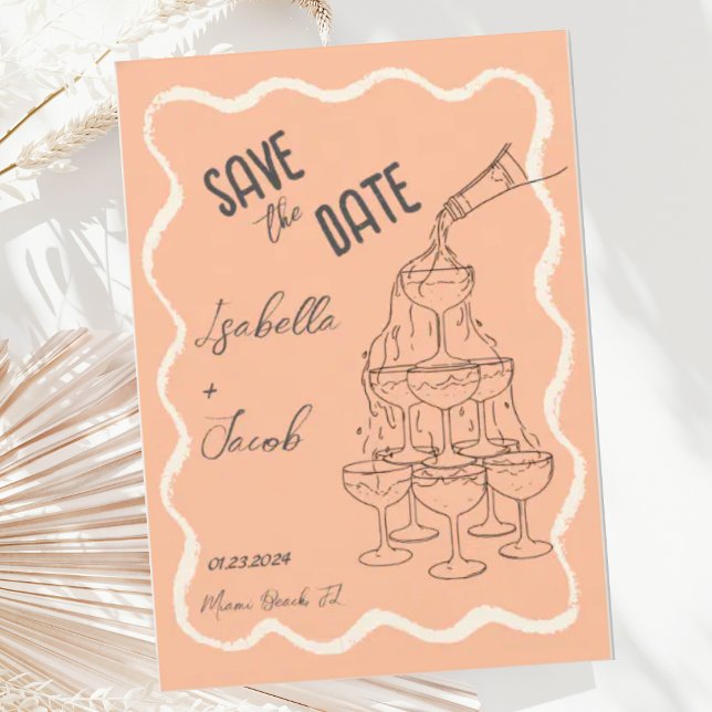 Retro Peach Wavy Champagner Tower Save the Date Einladung (Von Creator hochgeladen)