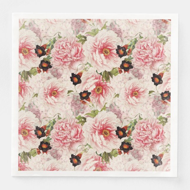 Retro Peony Blume Spring malerisches Muster Serviette (Vorderseite)