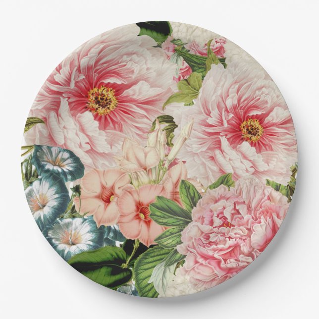 Retro Peony Blumen Spring Floral Pattern Pappteller (Vorderseite)
