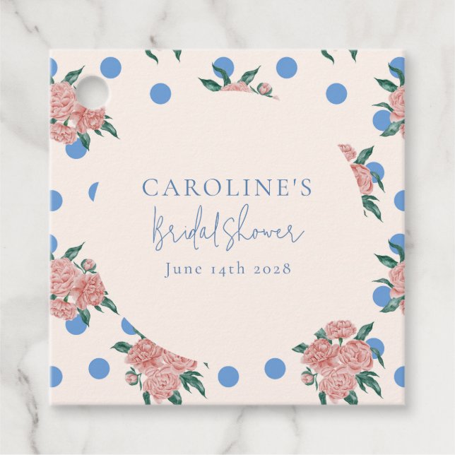 Retro Peony Floral Blue Dots Brautparty Custom Geschenkanhänger (Vorderseite)