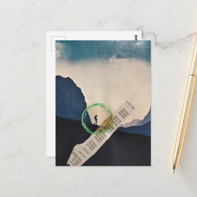 Retro Person Hiking in Mountains Collage Postkarte (Vorderseite/Rückseite Beispiel)