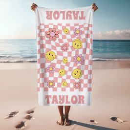 RETRO Personalisiert Beach Handtuch Name Happy Fac