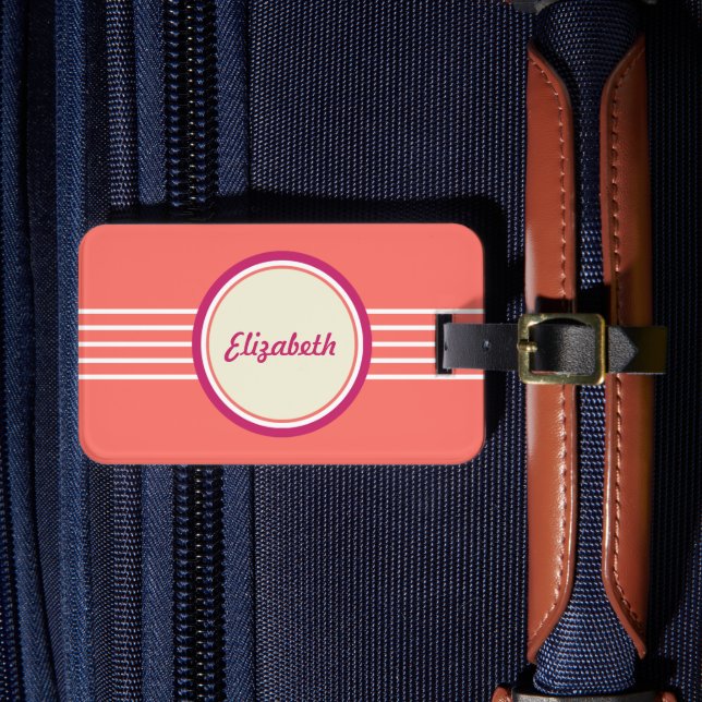 Retro Personalisiert Corner Red and Pink Luggage T Gepäckanhänger (Vorderseite Insitu 4)