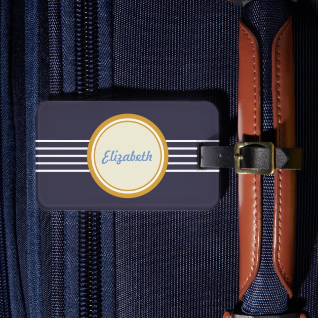 Retro Personalisiert Deep Blue und Gold Luggage Ta Gepäckanhänger (Vorderseite Insitu 4)