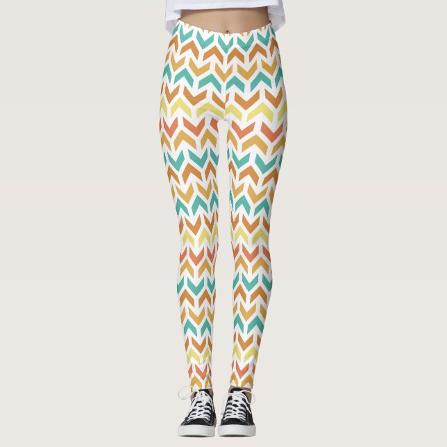 Retro-Pfeile Zickzack Orange Aquamarin Gold Muster Leggings (Vorderseite)