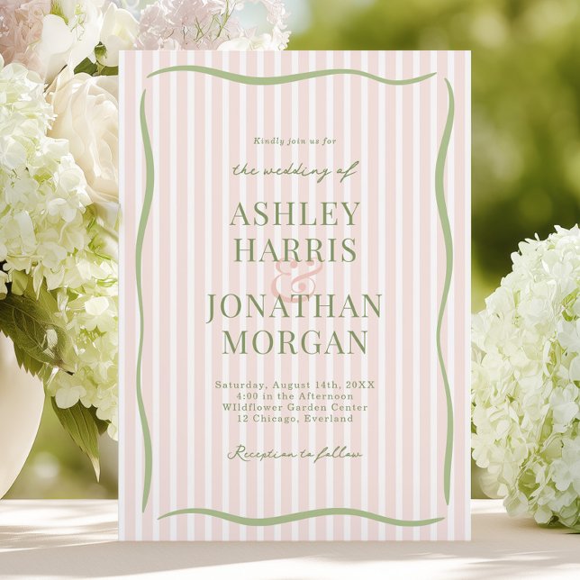 Retro Pfirsich-Rosa und Salbei-Gestreifte Hochzeit Einladung (Von Creator hochgeladen)