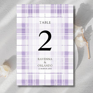 Retro-Pflaume-Purple-Gingham-Landhochzeit Tischnummer